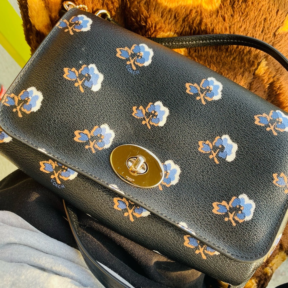 Coach Black and Blue Crossbody Bag with Floral Motifs